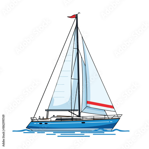 Colorful cartoon sailboat sailing on water. It has sails, a red flag, and a blue hull