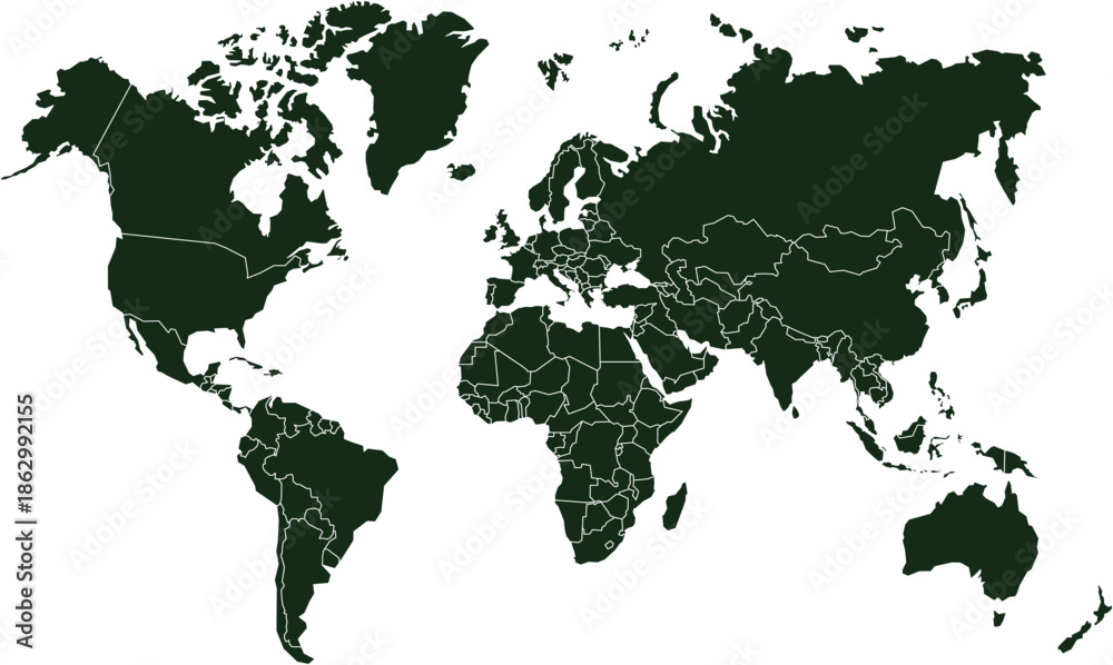 Obraz premium Dark Green World Map Vector with White National Borders