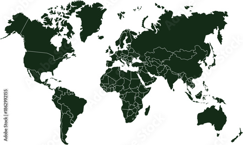 Dark Green World Map Vector with White National Borders