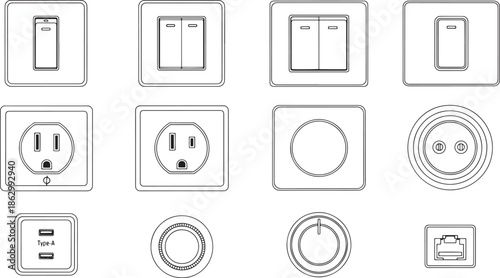 A collection of meticulously detailed electrical switches and outlets, showcasing the variety of modern design.