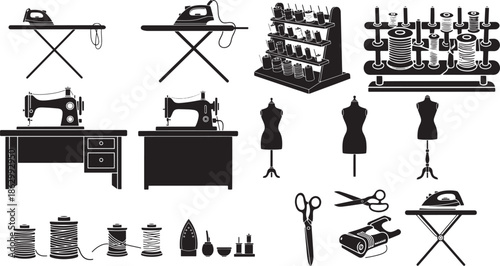 An array of vintage sewing equipment, depicting tailor tools, creating a nostalgic scene of classic craftsmanship.