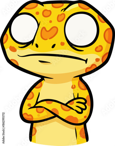 Cartoon gecko with confused expression and arms crossed