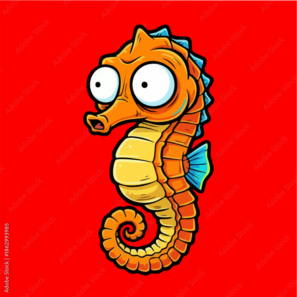 Fototapeta premium Funny Cartoon Seahorse Illustration Isolated on Bright Red Background