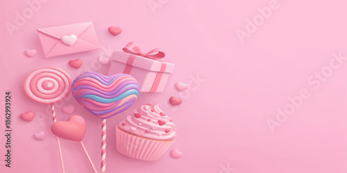 A sweet pink cupcake with ribbon and creamy frosting, a perfect birthday dessert or Valentine's Day party snack