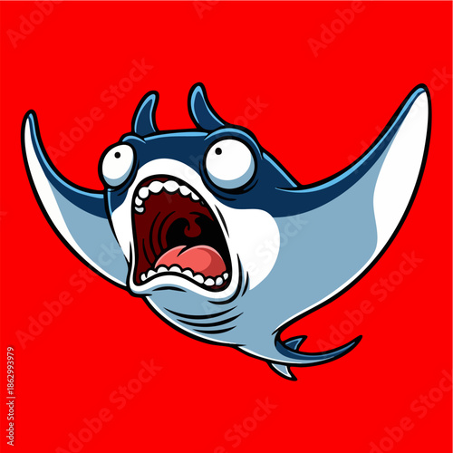 Shocked cartoon manta ray screaming loudly on a bright red background.