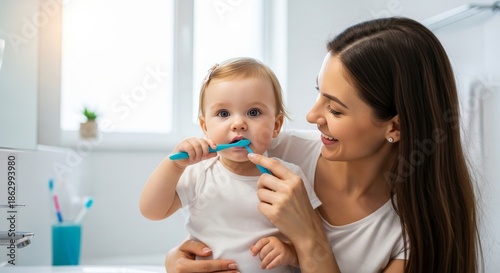Mother helping infant brush teeth in bathroom, soft lighting. Dental hygiene and care by a loving mom.