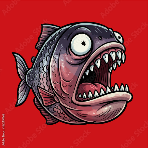 Aggressive cartoon predatory fish with sharp teeth illustration