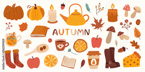 A charming collection of autumn themed illustrations pumpkins leaves and cozy objects