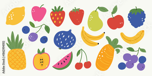 Colorful assortment of various fresh fruits in a playful illustrated design