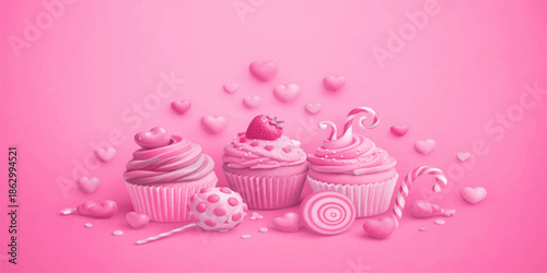 Pink frosted sweet cupcake with sprinkles and ribbon for a celebration dessert
