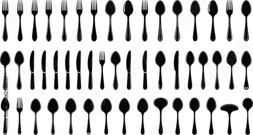 cutlery, fork, forks, spoon, spoons, knife, knives, silverware, tableware, dining, kitchen, utensil, silhouette, vector, black, illustration, collection, isolated, white, background