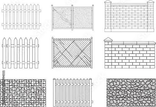 Nine distinct fence designs, rendered in a clean, minimalist line art style, showcasing various materials and architectural concepts suitable for construction or landscape design.