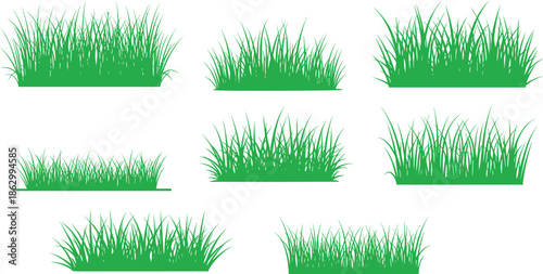 Green grass bushes collection, fresh lawn meadow plants set, natural landscaping botanical vector illustration elements isolated on white backgroundGreen grass bushes collection, fresh law