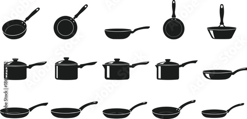 cookware, pan, pans, pot, pots, frying, skillet, saucepan, kitchen, cooking, utensil, food, silhouette, vector, black, illustration, collection, isolated, white, background