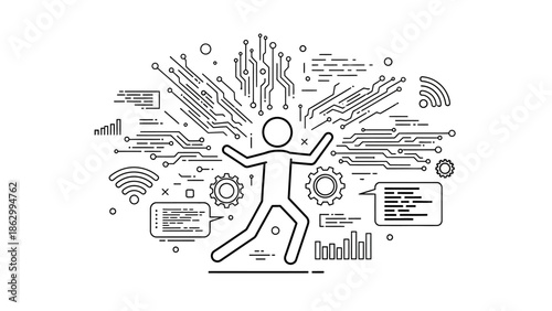 Energetic stick figure surrounded by data flow and circuit board patterns, concept of digital transformation and innovation, isolated white background.
