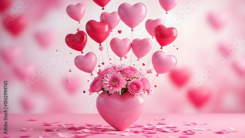 Valentine's day heart balloons and flowers in pink vase