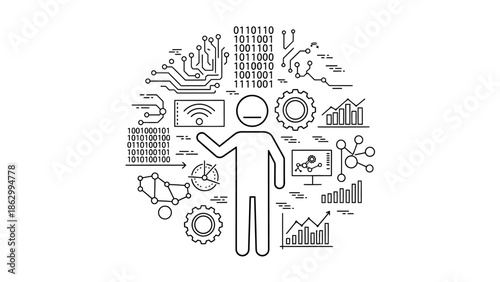 Stick figure surrounded by binary code, data charts, and various tech icons, concept of data processing and analysis, isolated white background.