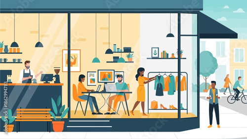 Modern retail storefront scene with employees working inside and customers outside on a busy street