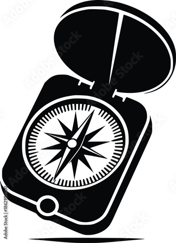 Simple black and white illustration of an open compass with a star shaped needle