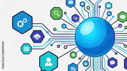 A futuristic blue sphere surrounded by interconnected technology icons and circuit boards