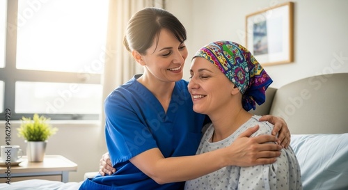Smiling woman in headscarf with nurse in a hospital room, hugging, showing support. Caring nurse provides patient comfort, support, in healthcare setting.