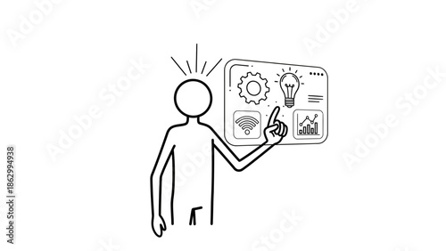 Stick figure person pointing to a virtual interface displaying technology, innovation, and data management icons, illustrating solutions on isolated white background.