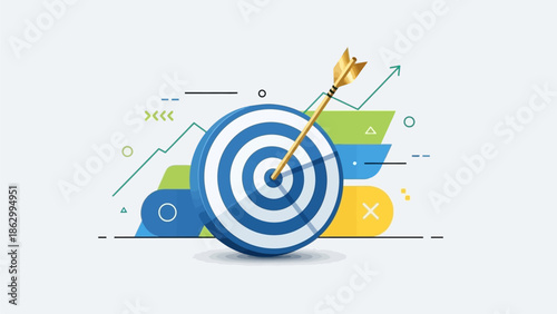 A colorful illustration of a target with an arrow hitting the center, surrounded by various abstract shapes and graphs