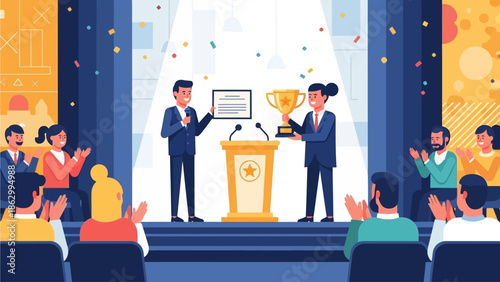 Two men receiving a trophy on stage at an award ceremony surrounded by applauding audience in a celebratory atmosphere