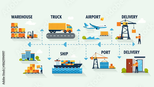 Logistics and transportation network illustrating the flow of goods through various modes and facilities