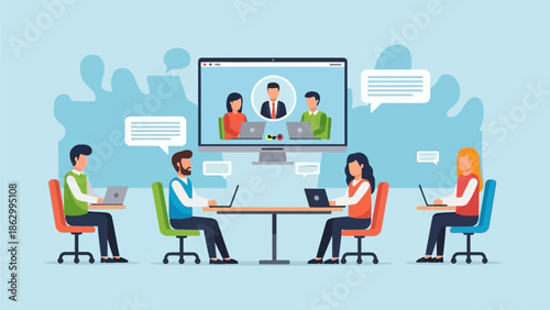 People working together on laptops during a virtual meeting in a modern office setting