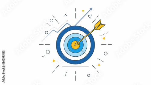 Target with an arrow hitting the bullseye surrounded by geometric shapes and lines in a business context
