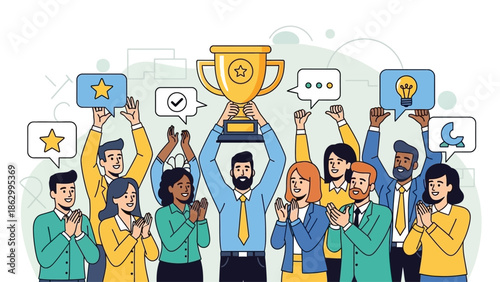 Diverse group of professionals celebrating success with a large trophy