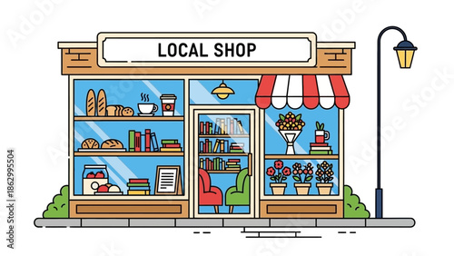 A vibrant local shop facade with a red and white striped awning and a street lamp standing beside it