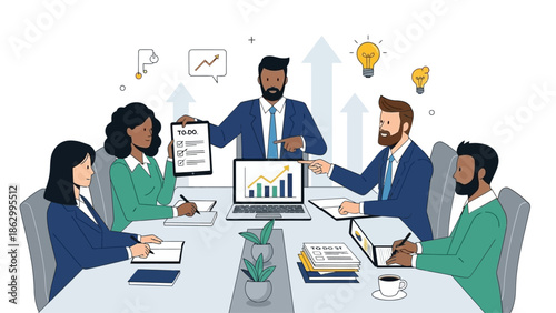 Business professionals collaborating around a table with charts and laptops in a modern office setting