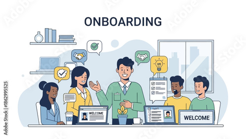 Group of people gathered around a table with laptops during an onboarding session in a modern office environment viewed from the side