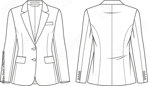 Mens Tailored Blazer Jacket Technical Fashion CAD Drawing Front Back View Flat Vector Illustration for Apparel Design Template Isolated Background