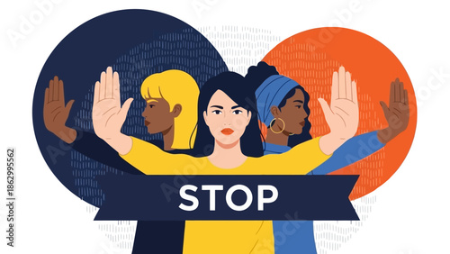 Three women of diverse ethnicities stand together with their hands raised in a stop gesture, symbolizing unity against oppression and violence.