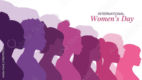 International Women's Day celebration with diverse women silhouettes in shades of purple and pink.