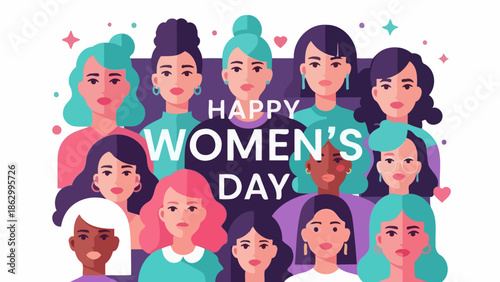 A diverse group of women of various ethnicities and hairstyles celebrating International Women's Day with a "Happy Women's Day" message.