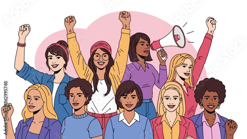 A diverse group of women with raised fists and a megaphone, symbolizing empowerment and activism.