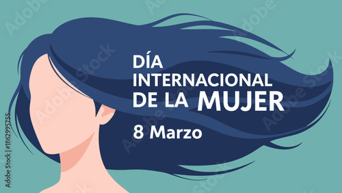 Illustration celebrating International Women's Day on March 8th, featuring a woman with flowing dark blue hair against a teal background.
