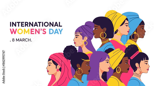 Illustration of diverse women celebrating International Women's Day on March 8th, showcasing unity and empowerment.