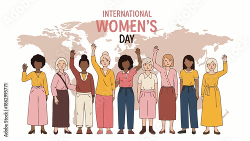 Diverse group of women of different ages and ethnicities standing together with raised fists in front of a world map, celebrating International Women's Day.