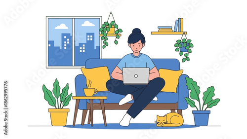 A man working on a laptop while sitting on a couch in a cozy living room surrounded by plants and a cat.
