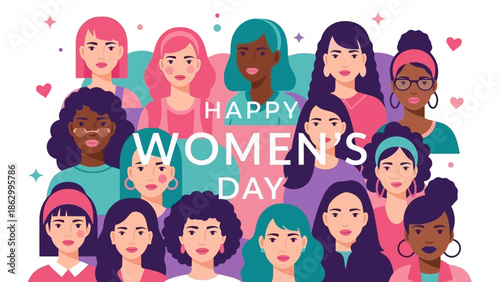 A diverse group of women of various ethnicities and ages are depicted celebrating International Women's Day with a message of empowerment and unity.
