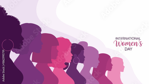 Diverse group of women in silhouette, celebrating International Women's Day with shades of purple and pink.