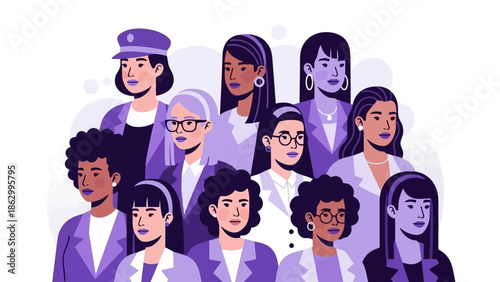 A diverse group of women of various ages, ethnicities, and styles stand together in a unified display of solidarity and strength.