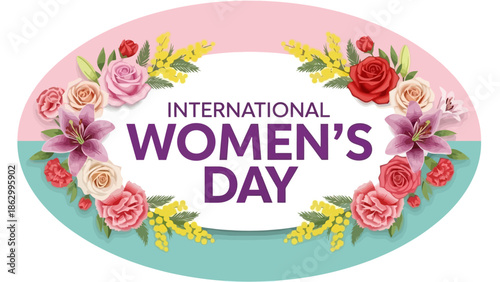 International Women's Day Floral Decorative Oval Frame with Roses and Lilies