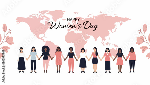 Diverse group of women holding hands in front of a world map celebrating International Women's Day.