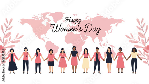 Diverse group of women holding hands in front of a world map, celebrating International Women's Day with a message of unity and empowerment.
